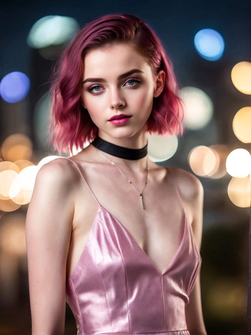 RAW photo of young English woman, color photograph, full body length portrait, ((a realistic photo of a beautiful young 18yo girl)), ((pale glowing radiant skin)), looking at viewer, slim, small breasts, sexy erotic pose, dark pink hair, short expressive hair, wing eyeliner, skin tight party clothing, iridescent fabric, dress, choker, dark make up, masterpiece, high quality, realistic, very detailed face, night, cityscape background, bokeh background,