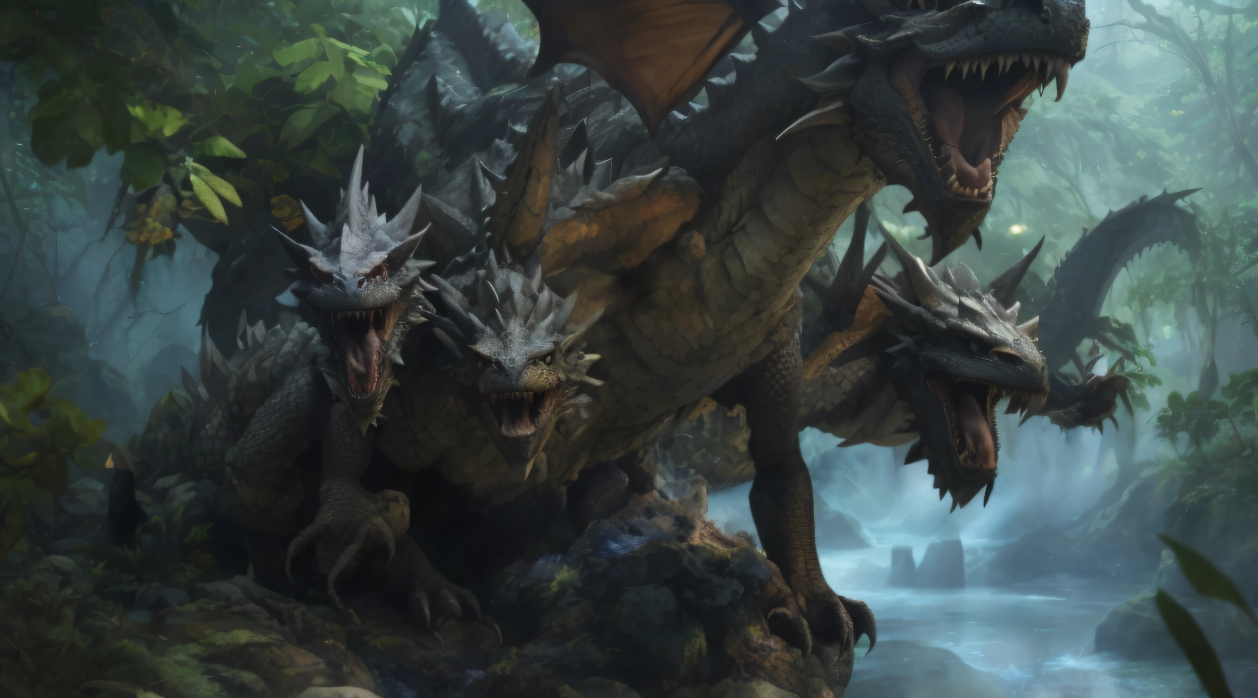 existem muitos tipos diferentes de dinossauros na selva, Hiper-realista D & d fantasy art, dragons, monster hunter o filme, arte conceitual weta workshop, 4K fantasia detalhe, ultraterrestrial dragons, ainda de um filme de fantasia, weta disney filme ainda foto, giant dragon resting in a cave, Directed by: Arthur Pan, colossal dragon as background, colossal dragon in background