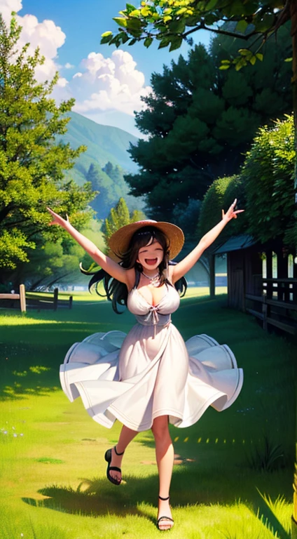girl(closed eyes),No extra arms,No extra legs,No extra hands,No extra fingers,ultra quality,ultra detail,ultra precision,8k,white-dress,straw hat,sandals,green grass hill,laughing smile,Lighting warm sun,best shadow,black long hair,large breast,windmill,green leaves dancing in the wind,