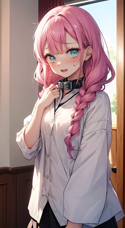 best qualtiy, hight resolution, ultra - detailed, hightquality, age girl, 2D Beautiful Girl,kneeing on bed,The Girl'eyes full of love,tear drop,stick out her tongue, 黑The eye, Bedrooms, pouty, Flushed face, Shoulder, upper limbs, Hanging, 鎖骨, There are large drops of sweat on my chest,barechested,Wearing a collar around your neck,Teary-eyed,Nipples are visible,Cuffed
