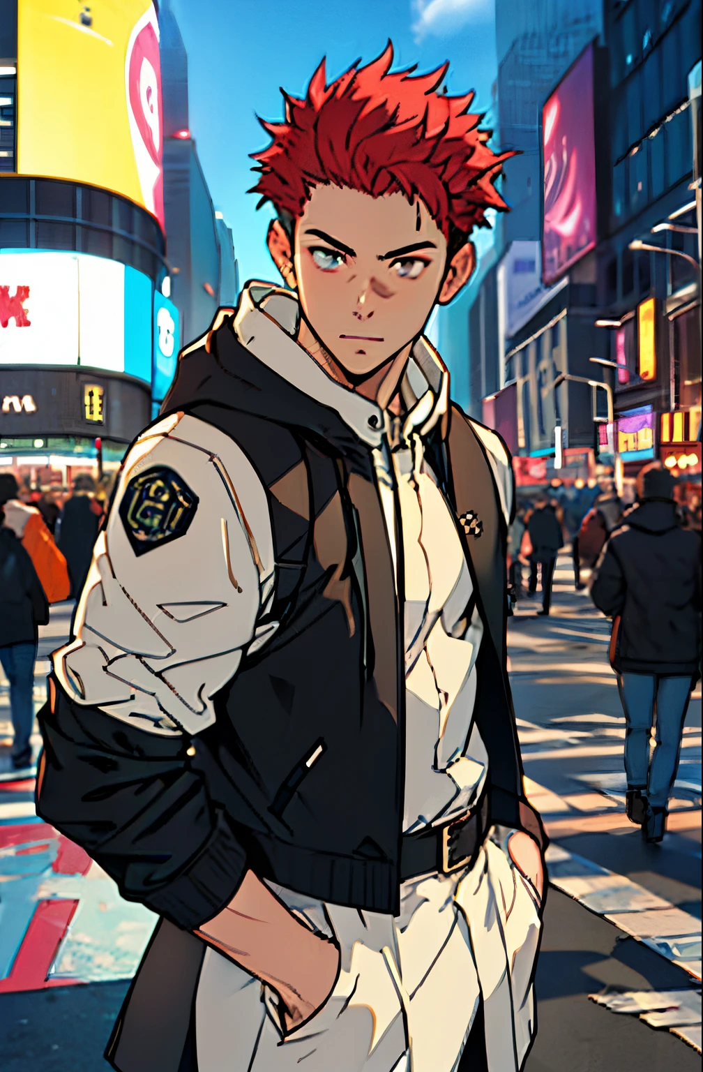 A mais alta qualidade, 8K, image high resolution, Detailed strokes, no meio de uma avenida movimentada estilo Times Square, inverno, apoiado em um dos postes, adolecente, Red Hair , wearing a cold jacket sleeveless , slightly unbuttoned jacket showing a bit of his chest, masculo, chest a little tight in the jacket , (angulo de baixo), (perto da camernas definidas, defined arms, abdomen definido, sem camisa por baixo da jacket