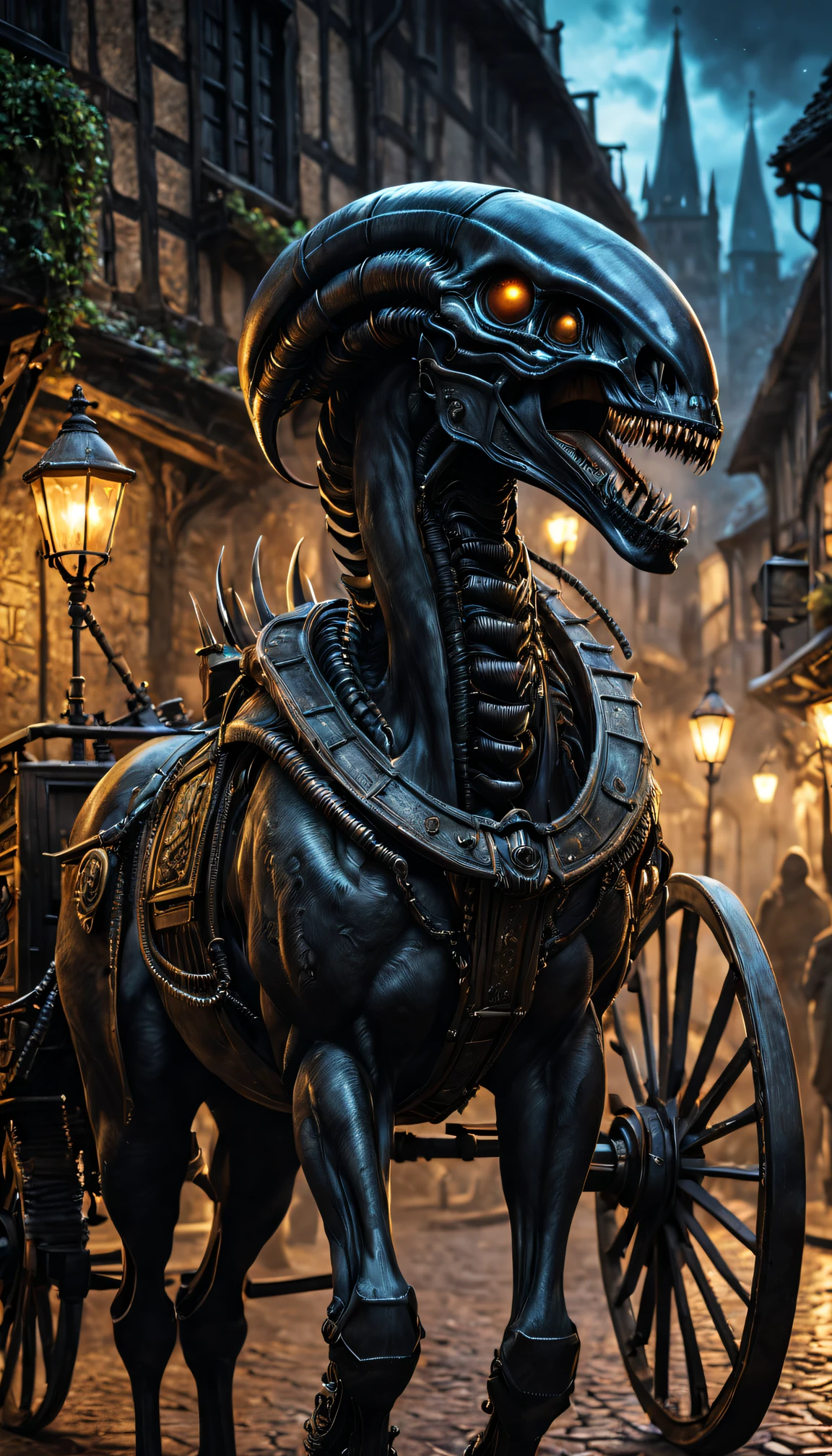 (Medieval science fiction fusion,Xenomorph,mistic) buggy,Best quality at best,4K,8K,A high resolution,tmasterpiece:1.2,ultra - detailed,actual:1.37,[HighDynamicRange] [hyper HD],metal surfaces,Studio lighting,Ultra-fine painting,Focus sharp,Black Death Epidemic,physically-based renderingt,Extremely detailed description,professional,Medieval streets,vivd colour,sportrait,The landscape,Concept artist,Colorful vibrant shades,ambientlighting