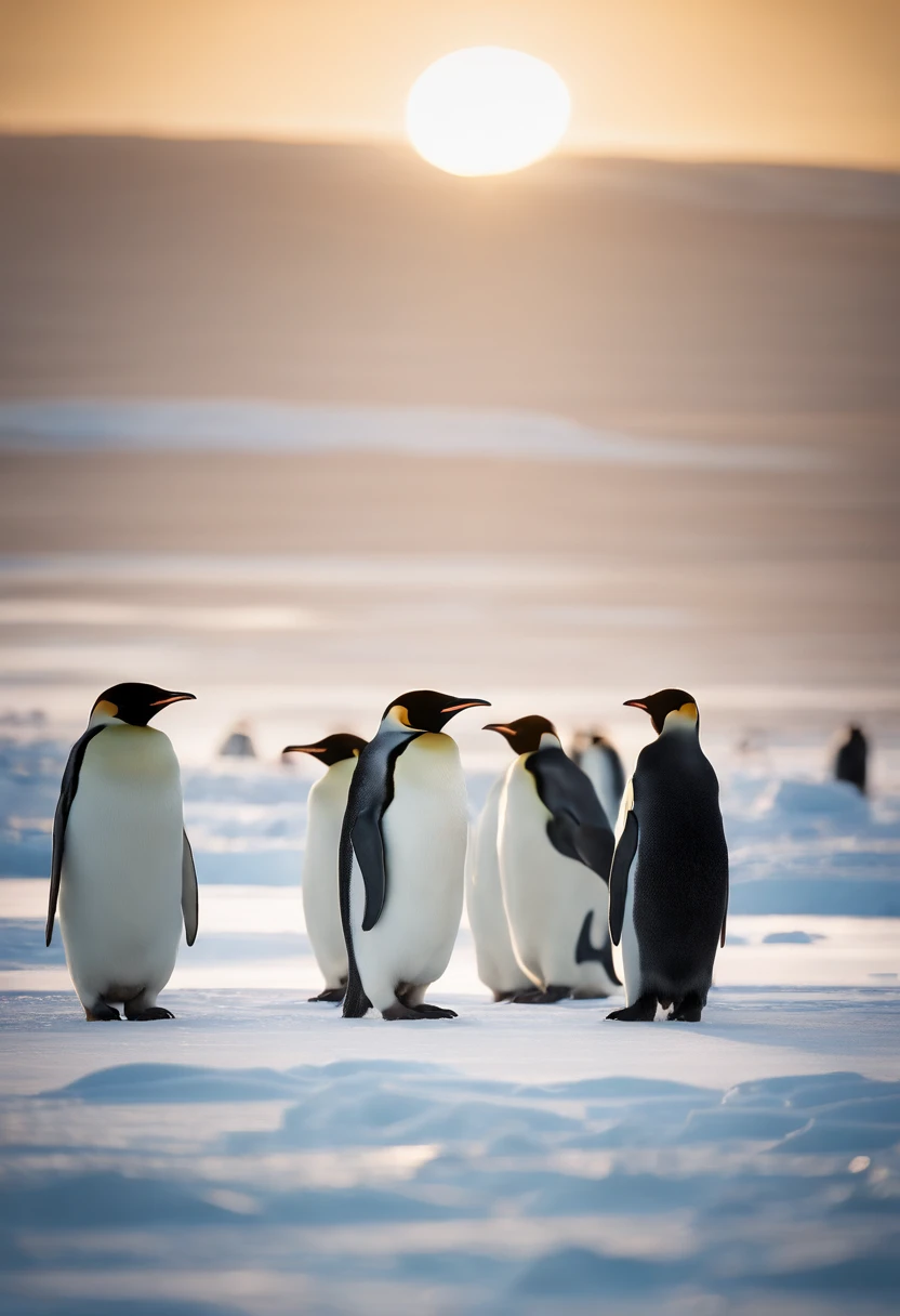 A high-resolution image capturing a group of Emperor Penguins standing tall on a vast expanse of ice in the Arctic, with the soft glow of the setting sun casting a warm hue on the icy landscape.