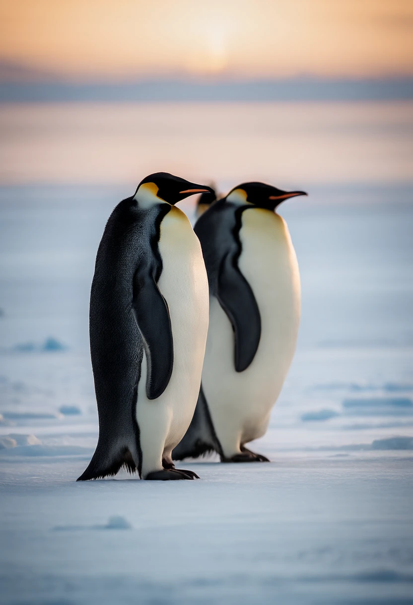 A high-resolution image capturing a group of Emperor Penguins standing tall on a vast expanse of ice in the Arctic, with the soft glow of the setting sun casting a warm hue on the icy landscape.