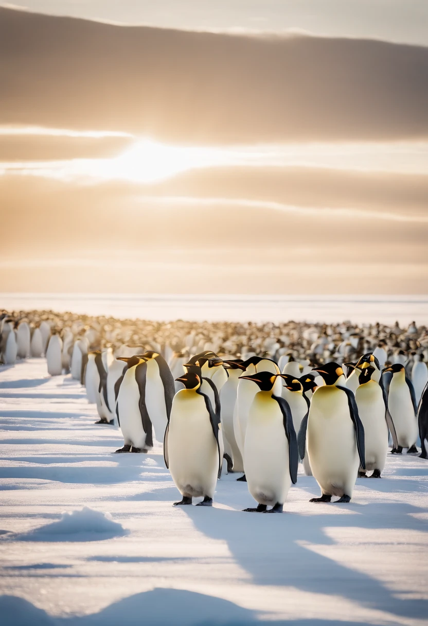 A high-resolution image capturing a group of Emperor Penguins standing tall on a vast expanse of ice in the Arctic, with the soft glow of the setting sun casting a warm hue on the icy landscape.