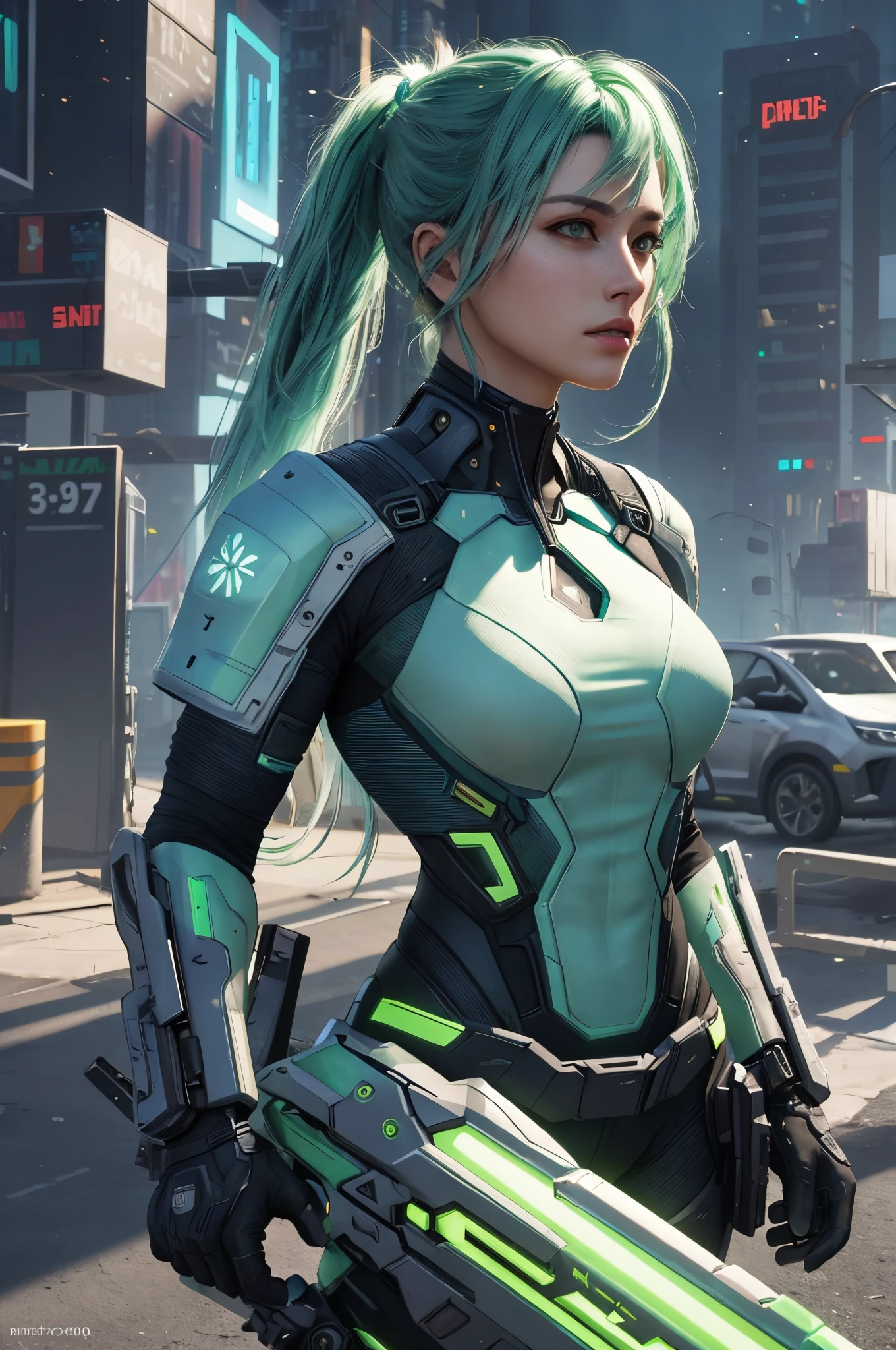 1girl cowboy Cyberpunk suit pony tails (pastel green) light blade master piece best quality ultra detailed highres high-resolution
HDR RAW photo 4K 8K unity 8K wallpaper extremely detailed realistic realpersonphotorealistic portrait photography beautiful detailed depth fine-textured super fine perfectly focused crisp,
BREAK
Cyberpunk technology city