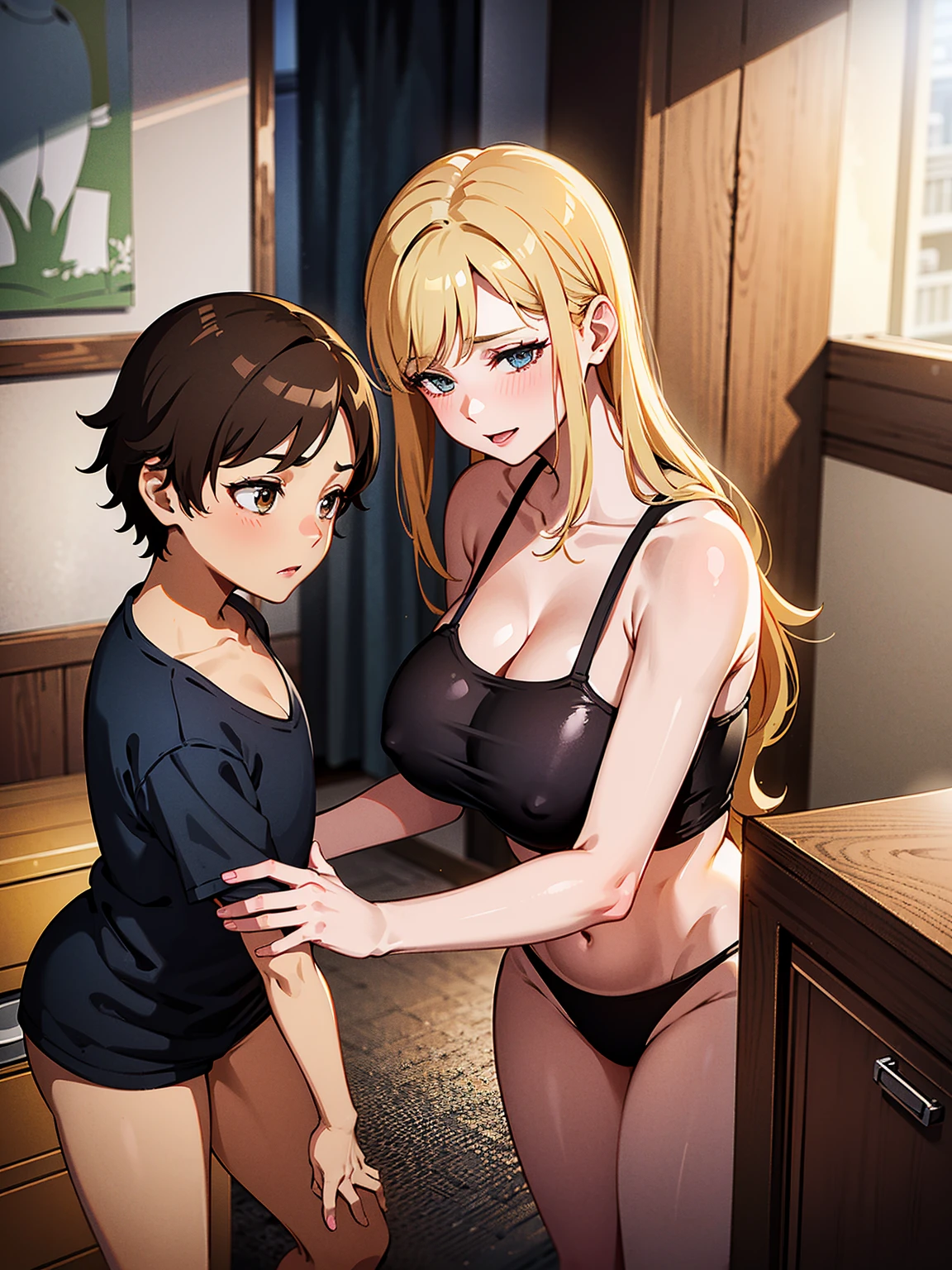 A mom seducing her young son, European 60 year old milfs with their young son with blonde and brown hair, best quality:1.4), (ultra highres:1.2), (8k, RAW photo:1.2), laurenalexis, 1girl, beautiful girls, the mom is showing off their curves, bending over seductively, wearing sexy outfits and short shorts, with their young son, clear eyes, a mom and her young son