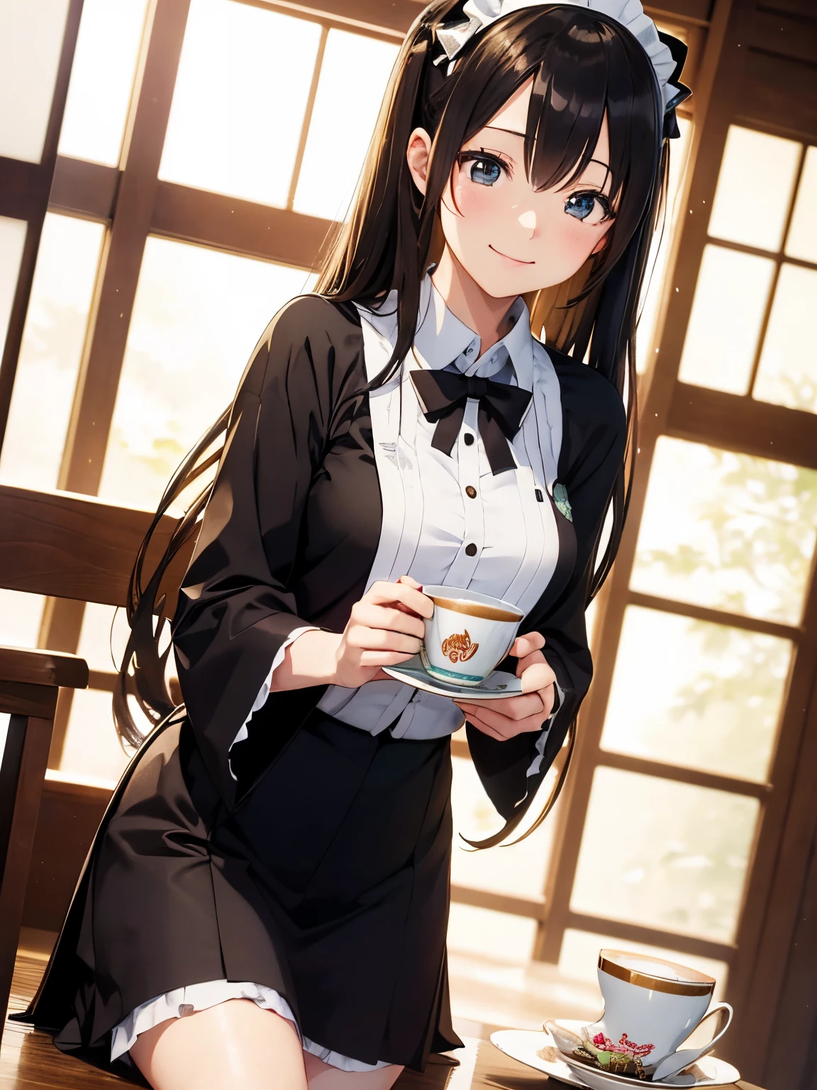 masutepiece, Best Quality, hight resolution,miku hatsune,10yaers old,(Hashikuji Temple Mayoi),Look at me and smile,((Meiji period~Showa era waitress)),(maid clothes),retro coffee cup,Beautiful breasts
