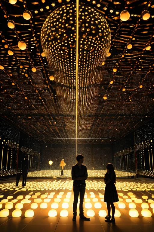 a couple of people that are standing in a room, by Yahoo Kusama, interactive art, rayonism light effects and bokeh, hanging out with orbs, taken in 2022, olafur eliasson