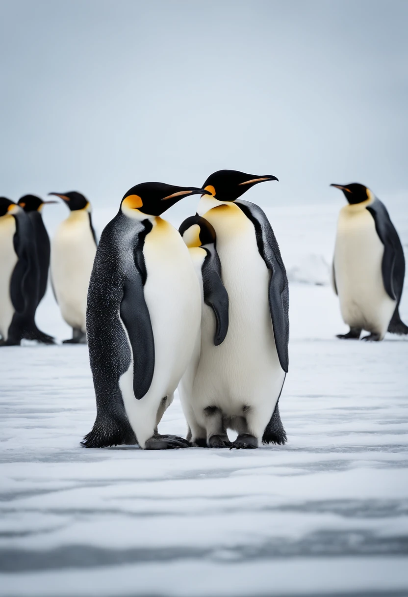 An aesthetic wallpaper featuring a panoramic view of an icy Arctic landscape, with a group of Emperor Penguins huddled together for warmth, their sleek black and white feathers contrasting against the pristine white snow.