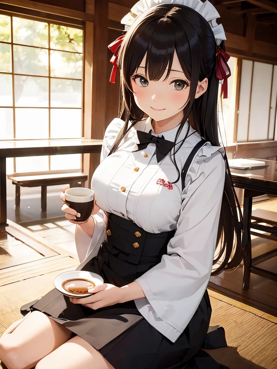 masutepiece, Best Quality, hight resolution,miku hatsune,10yaers old,(Hashikuji Temple Mayoi),Look at me and smile,((Meiji period~Showa era waitress)),(maid clothes),carry retro coffee cup,Beautiful breasts