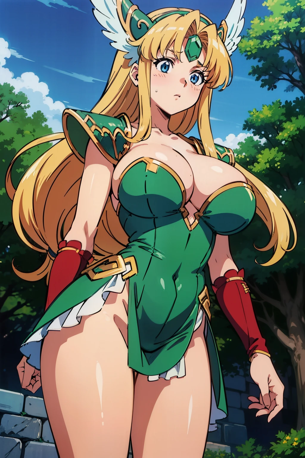 1990s \(style\), retro artstyle, 1990s anime cels style, from below, best quality, high resolution, forest, (huge breasts:1.2), riesz, winged helmet, dress, armor, shoulder armor, bridal gauntlets, cleavage, blush, embarrassed, cowboy shot