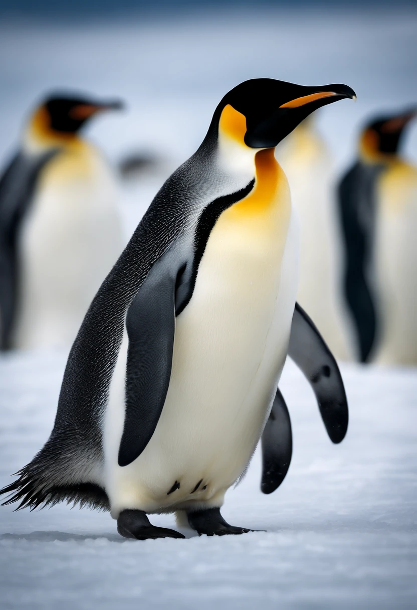 An artistic representation of a group of Emperor Penguins sliding gracefully on the ice, capturing the sense of movement and elegance of these majestic creatures in their natural habitat.