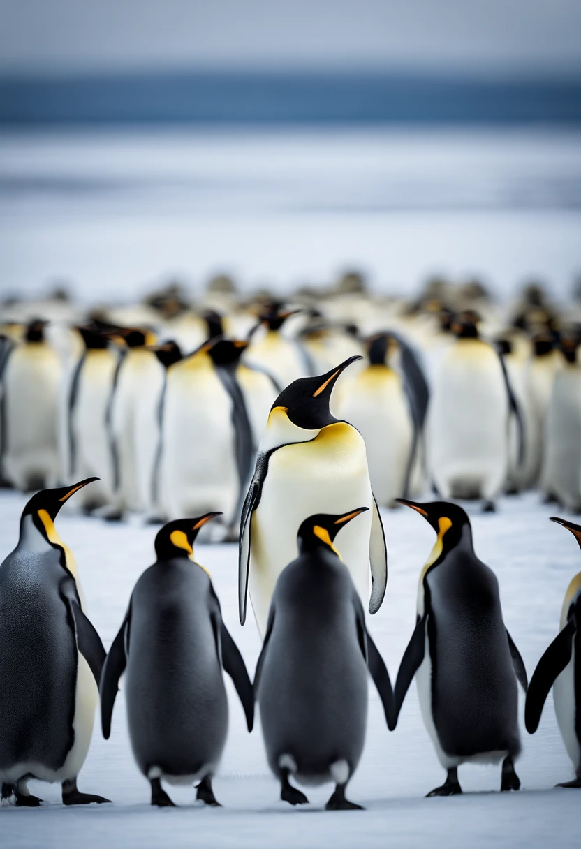 An artistic representation of a group of Emperor Penguins sliding gracefully on the ice, capturing the sense of movement and elegance of these majestic creatures in their natural habitat.