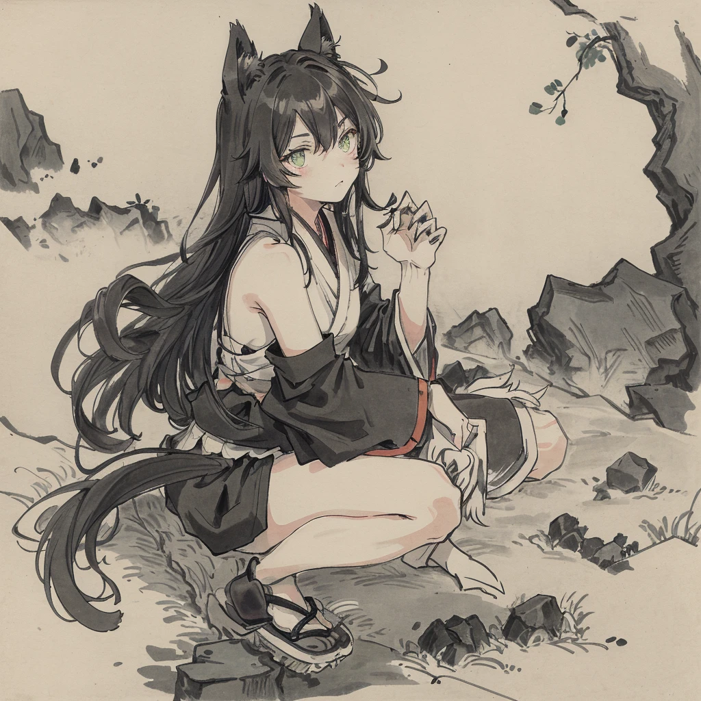 solo, female cat, neko, naked, nude, no clothes, black ears, black medium length messy hair, green eyes, crouching, hissing, claws out, legs spread, disheveled, alley, ancient japan, masterpiece, high quality,