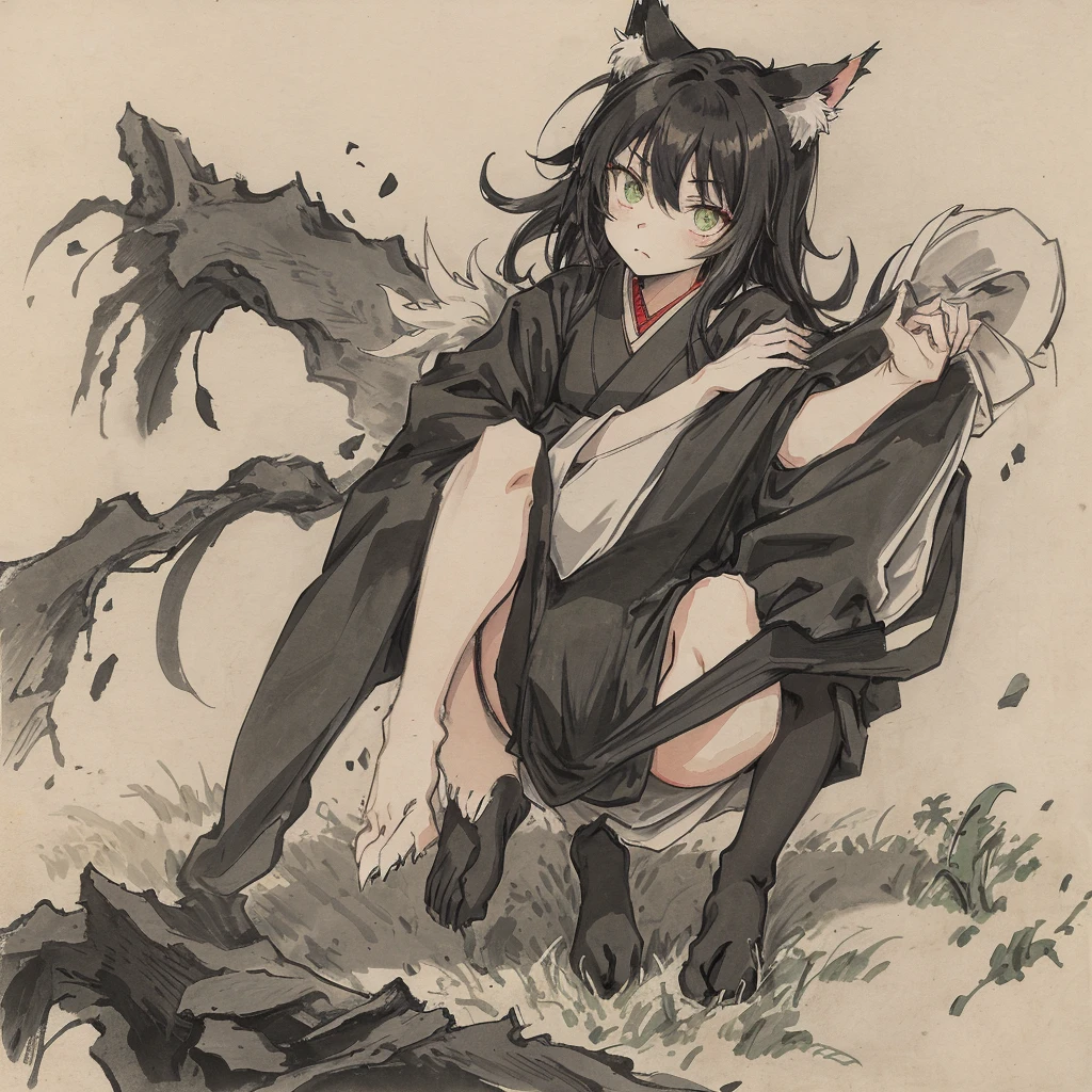 solo, female cat, neko, black ears, black medium length messy hair, green eyes, crouching, hissing, claws out, legs spread, disheveled, alley, ancient japan, masterpiece, high quality,