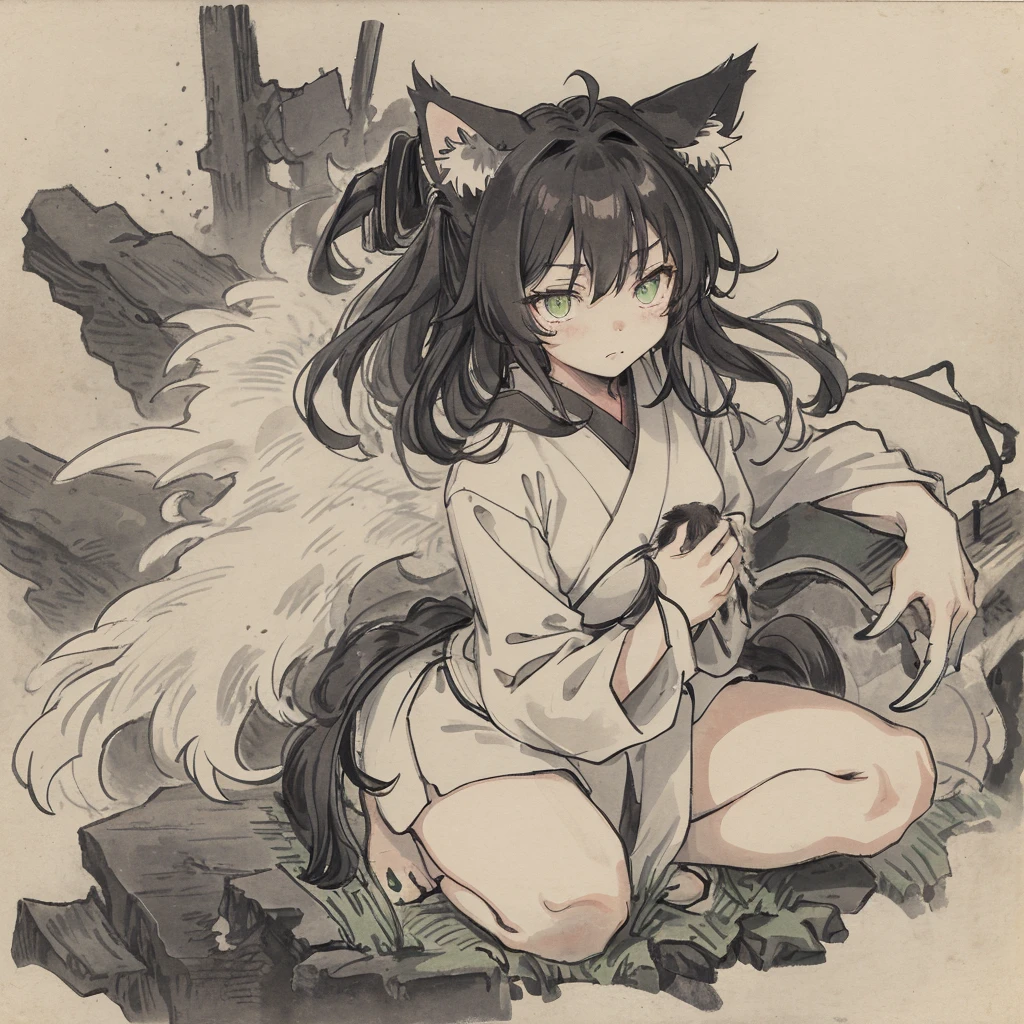 solo, female cat, neko, black ears, black medium length messy hair, green eyes, crouching, hissing, claws out, legs spread, disheveled, alley, ancient japan, masterpiece, high quality,