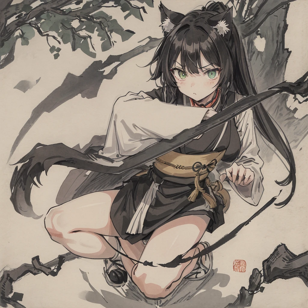 solo, female cat, neko, black ears, black medium length messy hair, green eyes, crouching, hissing, claws out, legs spread, disheveled, alley, ancient japan, masterpiece, high quality,