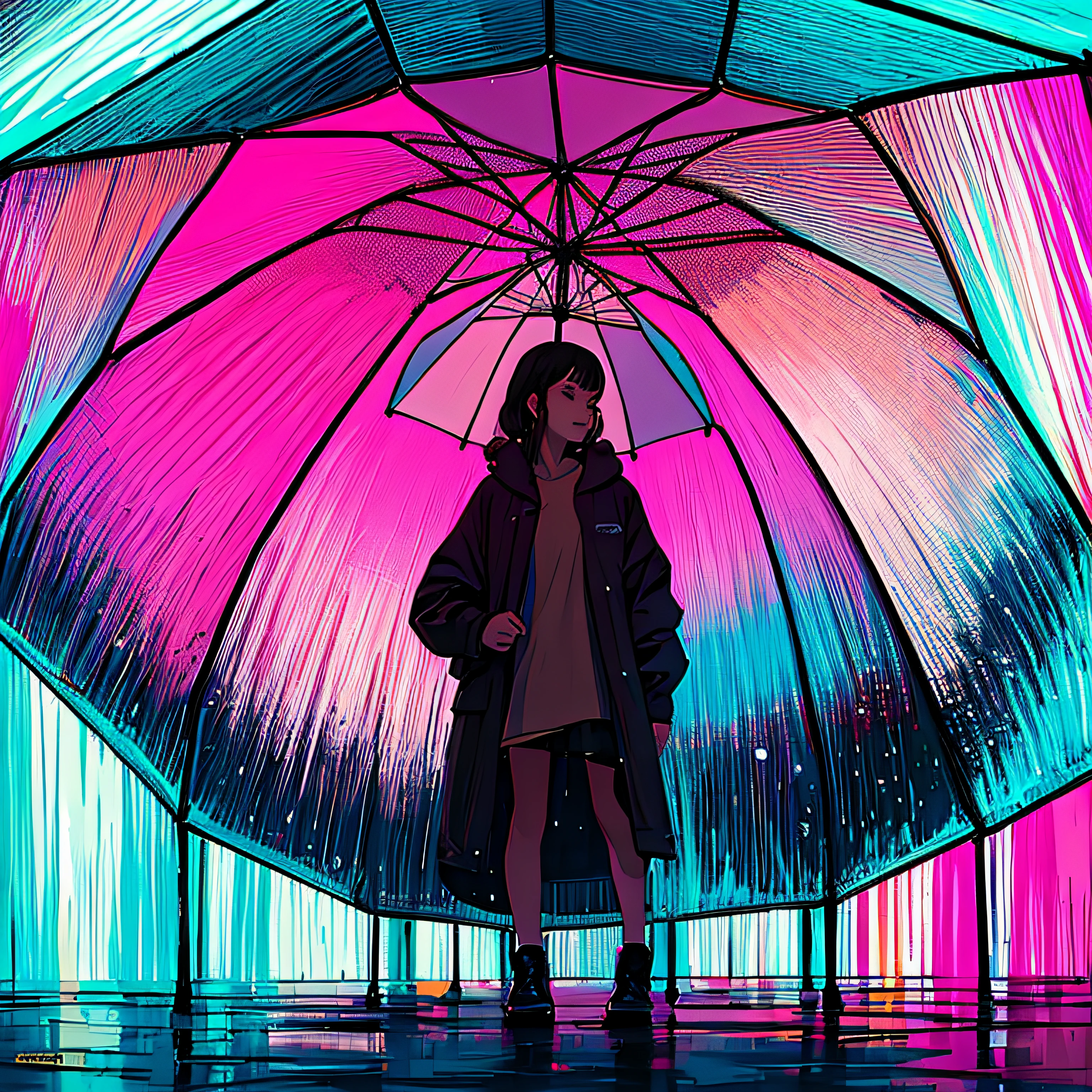 (masterpiece, top quality, best quality, official art, beautiful and aesthetic:1.2), girl, alone in the rain waiting for his boyfriend, extreme detailed,highest detailed, optical mixing, playful patterns, lively texture, unique visual effect