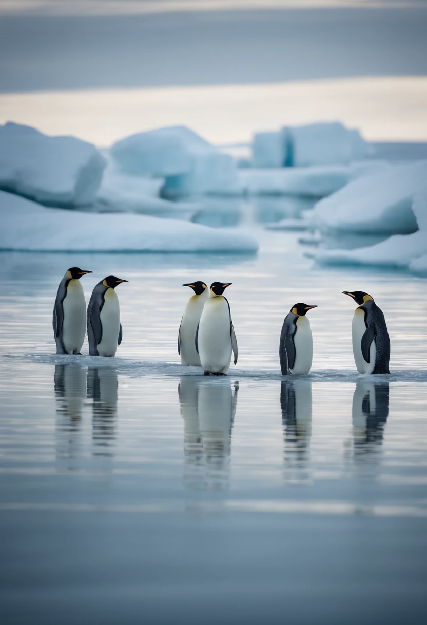 A high-resolution image showcasing a group of Emperor Penguins swimming in the icy waters near the Arctic, their sleek bodies gliding effortlessly through the crystal-clear water.