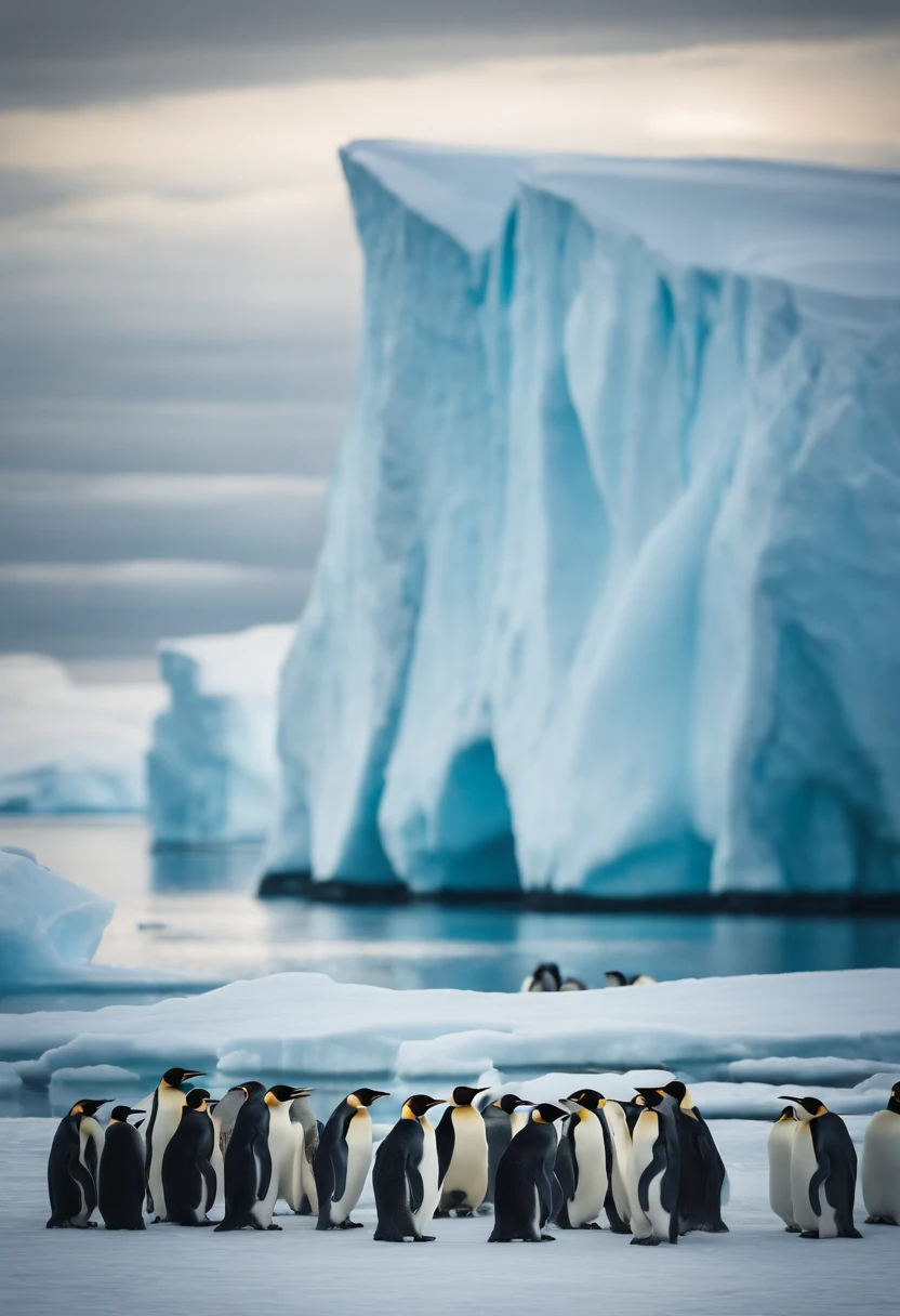 An aesthetic wallpaper featuring a breathtaking view of an expansive Arctic landscape, with a group of Emperor Penguins huddled together near an iceberg, highlighting their resilience in the face of extreme conditions.