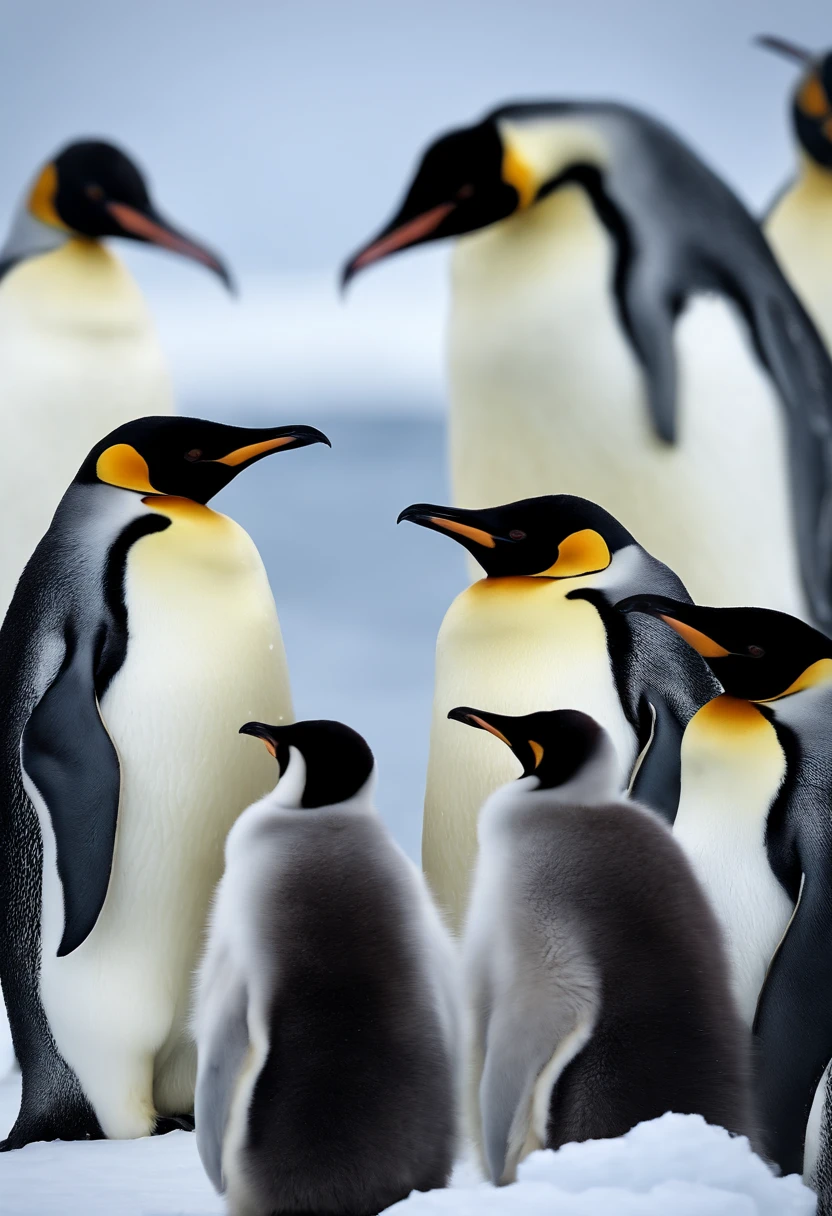An aesthetic wallpaper featuring a breathtaking view of an expansive Arctic landscape, with a group of Emperor Penguins huddled together near an iceberg, highlighting their resilience in the face of extreme conditions.