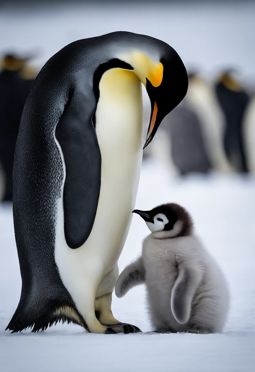 A close-up image of a parent Emperor Penguin carefully tending to its chick on the ice, showcasing the tender bond and intricate details of their feathers against the pristine white backdrop.