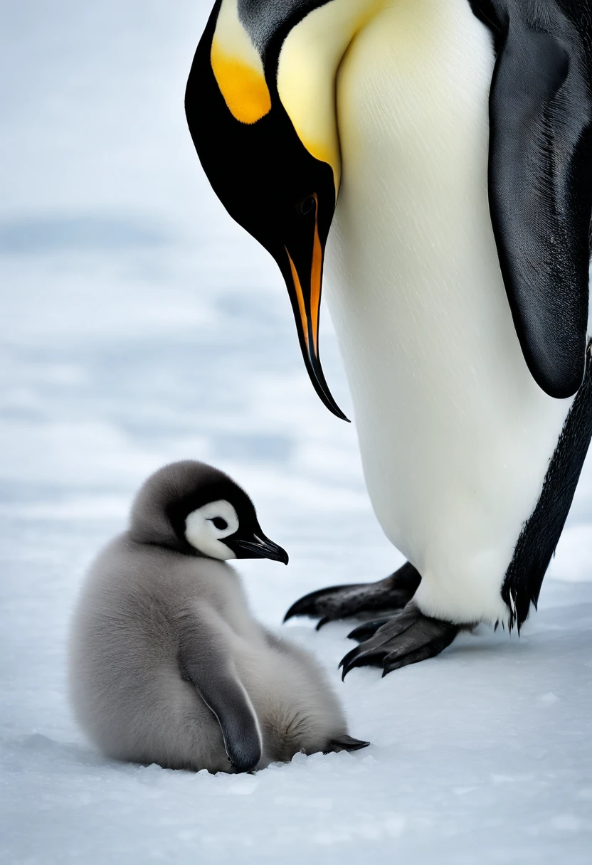 A close-up image of a parent Emperor Penguin carefully tending to its chick on the ice, showcasing the tender bond and intricate details of their feathers against the pristine white backdrop.