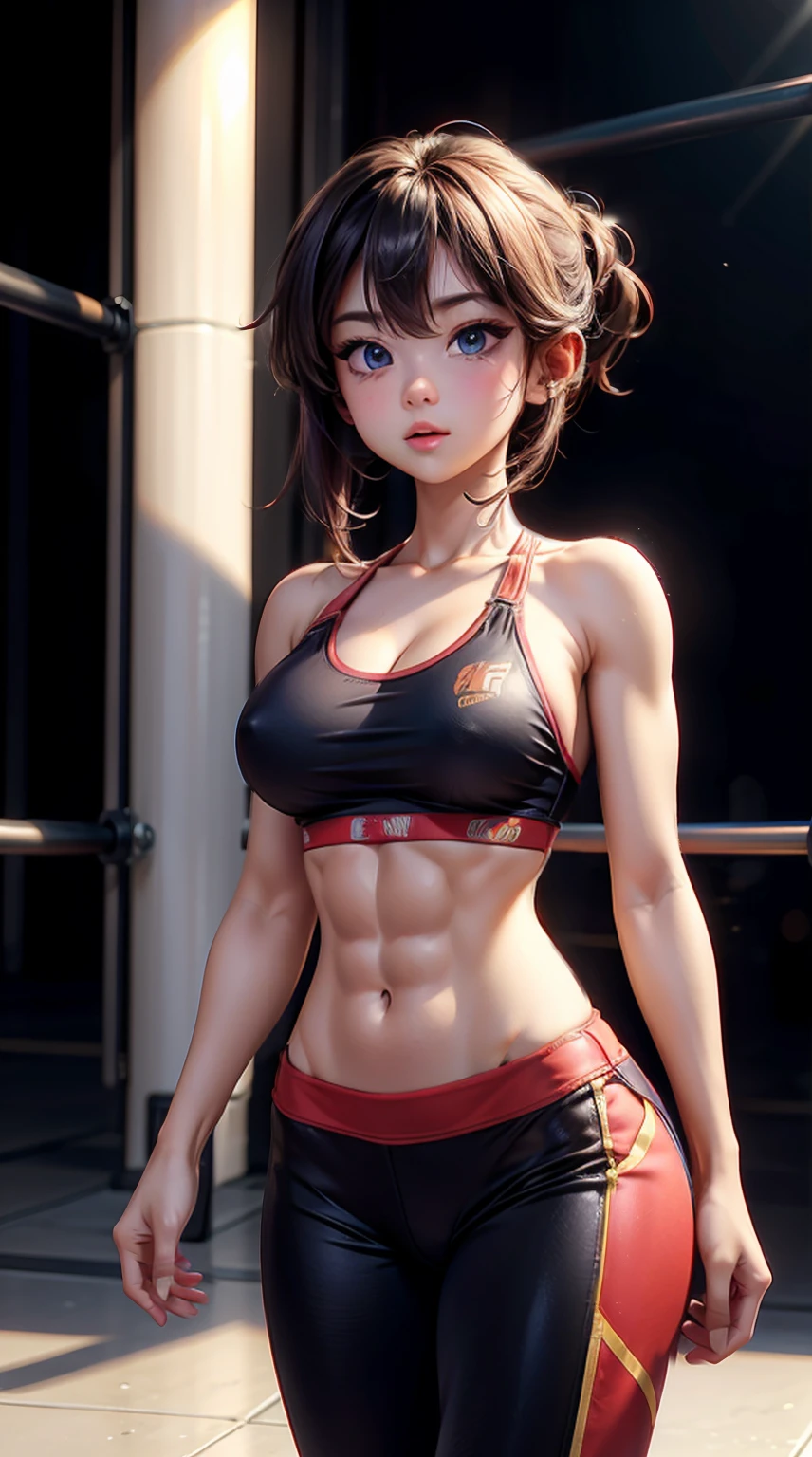 Megumin, six-pack abs, arm muscles, Red sports bra, Red Sports Leggings, Short hair, Gym,  big breastes, Bodybuilder Girl, perfect abs, six-pack abs, the perfect body