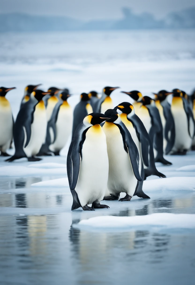 A detailed and realistic image capturing the moment when a group of Emperor Penguins emerges from the icy waters onto the frozen surface, their wet feathers glistening in the cold Arctic air.
