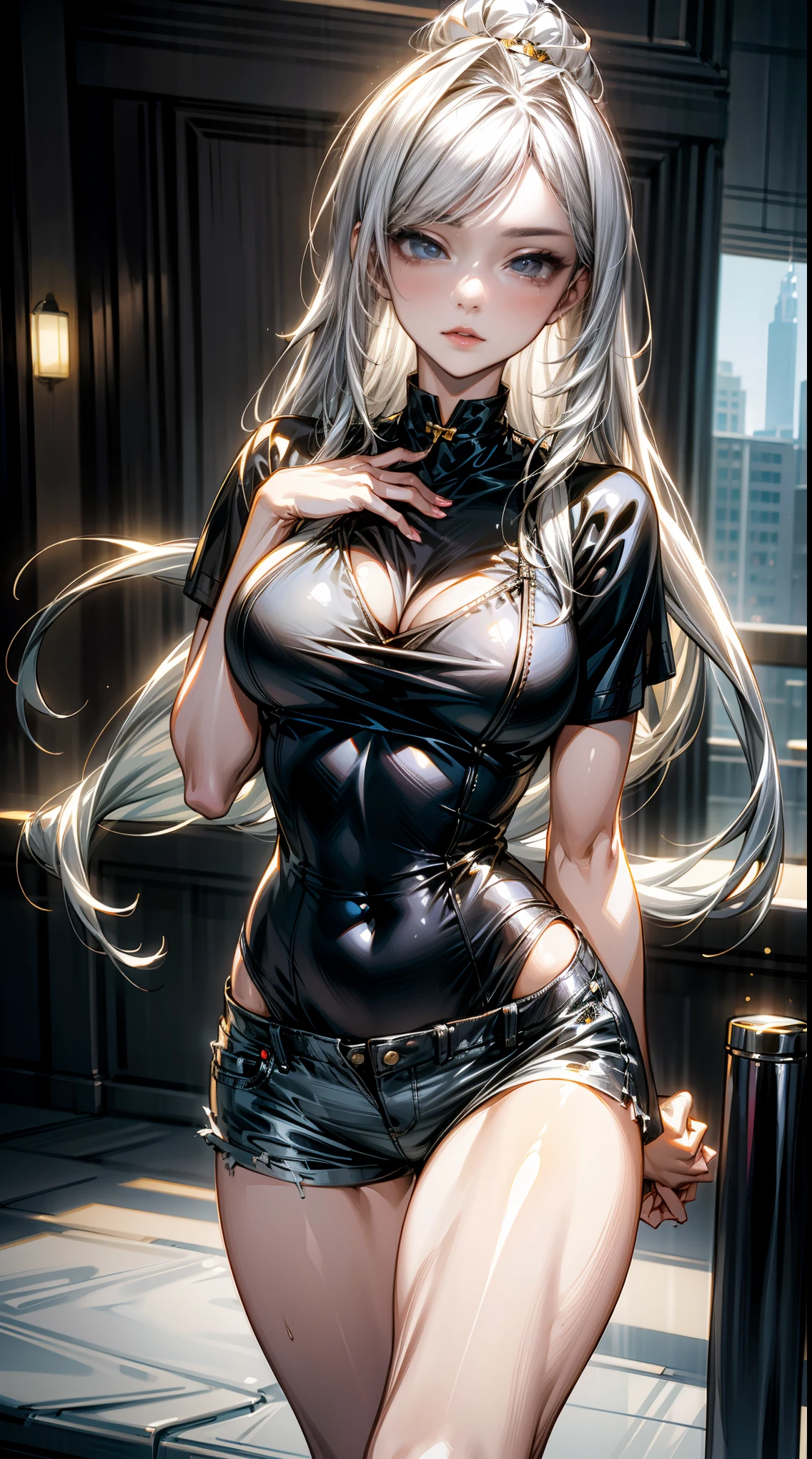 Best quality, tmasterpiece, A high resolution,8K,(realistically:1.4),超A high resolution,1个Giant Breast Girl, ultra - detailed, hyper realisitc, Very detailed CG illustration, offcial art, 电影灯光, actual, Young and beautiful girl, perfect body figure, perfect body figure, full pov, perfect bodies, (Starting below:1.3), lacivious pose, long sexy legs, Self-confident, Beautiful Sexy, Gray short sleeves, Open the abdomen, Super Shorts, S-shaped body, hip is cocked,placed in a,lewd poses,Different Perspectives