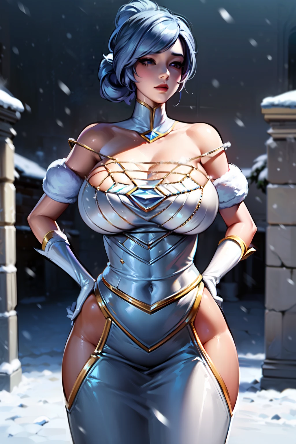 masterpiece, best quality, extremely detailed, 1girl, mature female, solo, starguardianorianna, (large breasts:1.7), parted lips, (((white dress, hip vent, long dreslush, :o), closed mouth), ((hands on own hips, ancient ruins, winter, snowing))