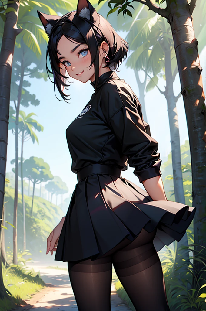 beautiful young woman wearing tight skirt with cat ears on her head, com rosto bem detalhado e bonito, belos olhos, belos olhos, rosto lindo, beautiful young woman wearing black tights, sueter apertado branco, short pantyhose, Standing in a forest, usando salto alto, cabelo curto preto, morena,orelhas de gato, belo sorriso, tomboy, morena, um pouco musculosa usando sai apertada preta