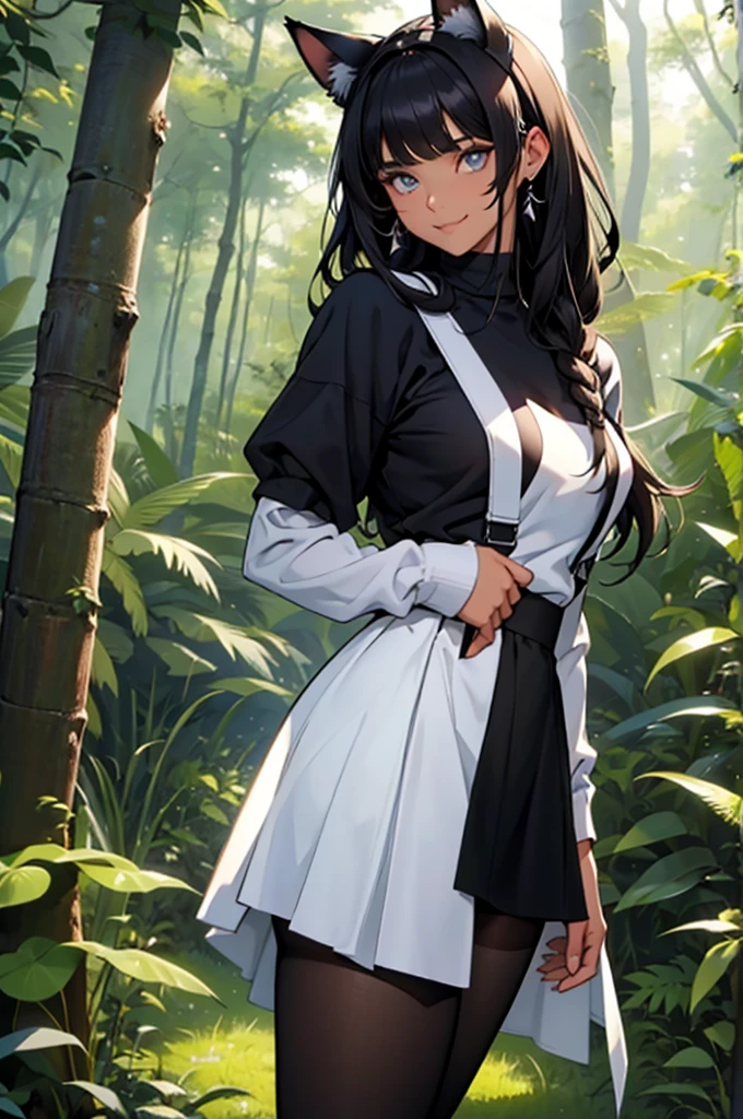 beautiful young woman wearing tight skirt with cat ears on her head, com rosto bem detalhado e bonito, belos olhos, belos olhos, rosto lindo, beautiful young woman wearing black tights, sueter apertado branco, short pantyhose, Standing in a forest, usando salto alto, cabelo curto preto, morena,orelhas de gato, belo sorriso, tomboy, morena, um pouco musculosa usando sai apertada preta
