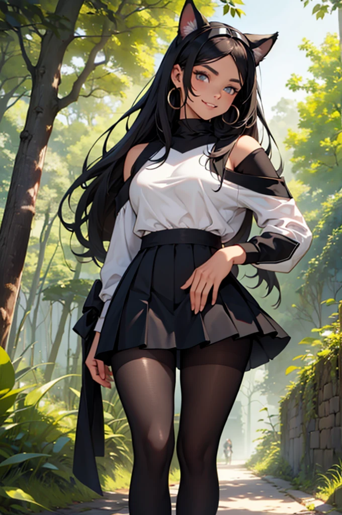 beautiful young woman wearing tight skirt with cat ears on her head, com rosto bem detalhado e bonito, belos olhos, belos olhos, rosto lindo, beautiful young woman wearing black tights, sueter apertado branco, short pantyhose, Standing in a forest, usando salto alto, cabelo curto preto, morena,orelhas de gato, belo sorriso, tomboy, morena, um pouco musculosa usando sai apertada preta