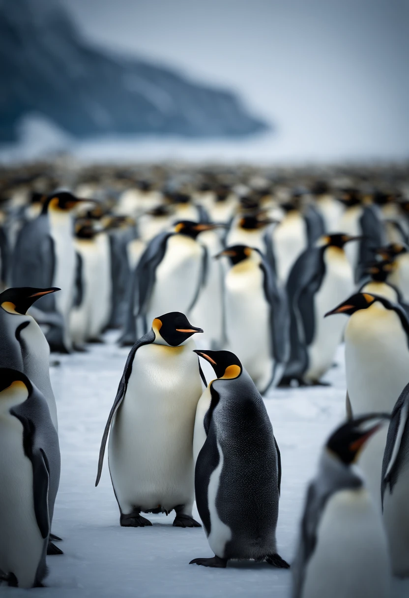 An artistic representation of a group of Emperor Penguins gathered around a crack in the ice, their curious expressions and animated postures captured in intricate detail.