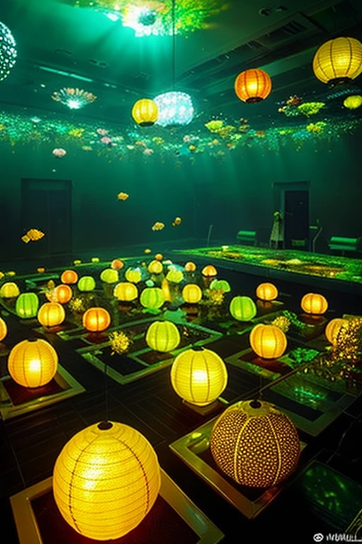 there is a fish tank in the middle of the room, a digital rendering, by Yayou Kusama, interactive art, lime and gold hue, mat collishaw, image credit nat geo, yellow lanterns