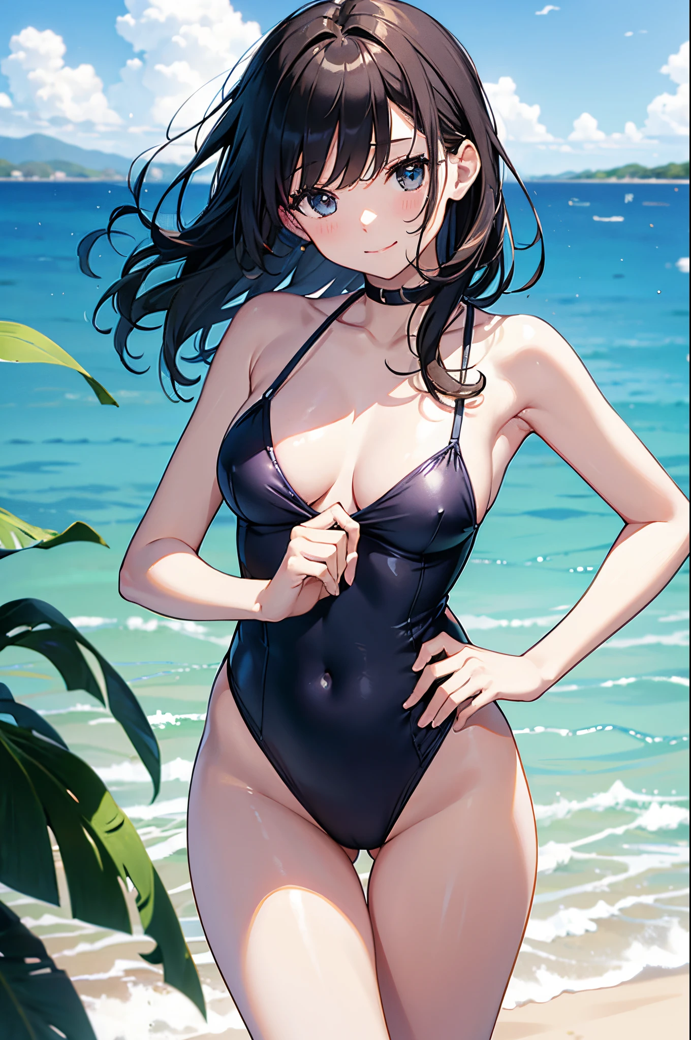 ((4ｋ、8ｋ、top-quality、Perfect Finger：1.3、Perfect Anatomy：1.3、Blur the background))、two people、((a 、14years、Small breasts、Cuteopy eyes))、a smile、（onepiece swimsuit）、Angle where the whole body is depicted、、sandy beach with blue sky、Banana boat、