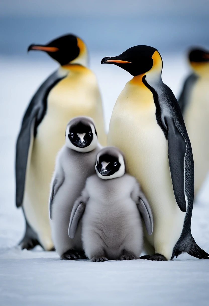 A high-resolution image showcasing a group of Emperor Penguins nestling together on the ice, their fluffy chicks peeking out from under their protective parents, highlighting the unity and nurturing nature of these incredible creatures.