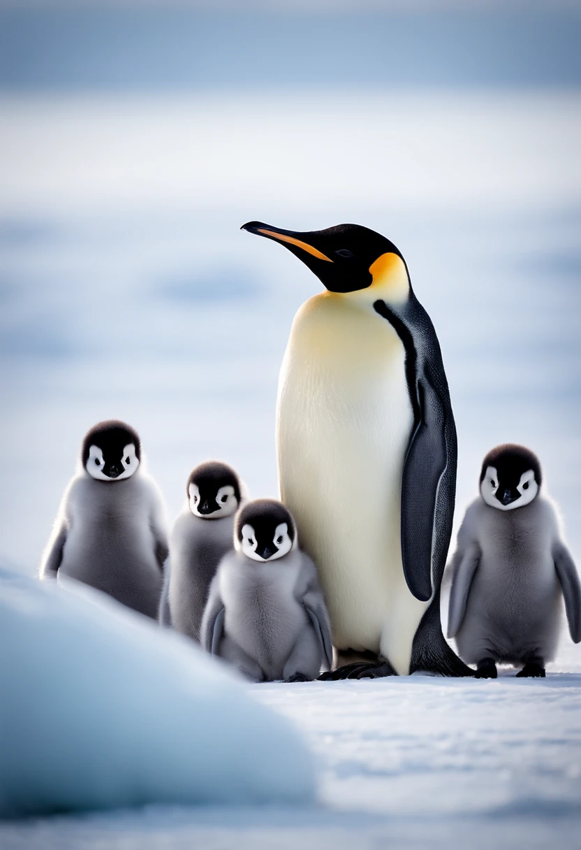A high-resolution image showcasing a group of Emperor Penguins nestling together on the ice, their fluffy chicks peeking out from under their protective parents, highlighting the unity and nurturing nature of these incredible creatures.