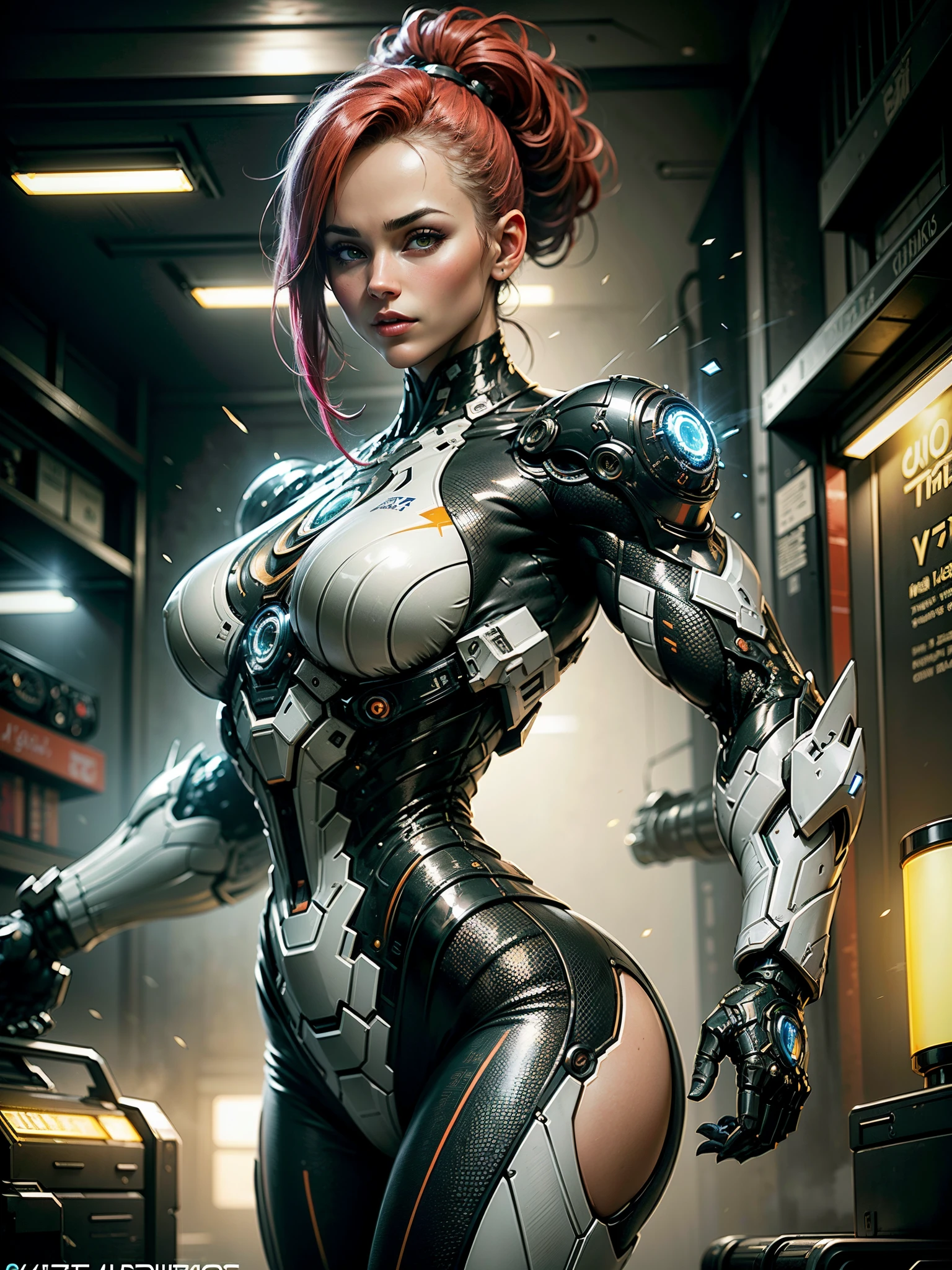 ((extremely delicate and beautiful cybernetic girl)), ((mechanical limbs)), ((detailed face and eyes)) (blood vessels connected to tubes), (mechanical vertebrae), ((mechanical cervical attaching to neck)), (wires and cables attaching to neck:1.2), ((mass of wires and cables on head)), (character focus), (((dynamic pose))), perfectly balanced eyes, nipple breast on cloths, ((cowboy shot)), (masterpiece), (((best quality))), ((ultra-detailed)), (highly detailed photorealistic CG illustration), ((big tits)) cinematic lighting, science fiction, extremely detailed, colorful, highest detail, ((pink silk panty, crotch exposed)), holding sniper, nsg, gun, cyberpunk city background.