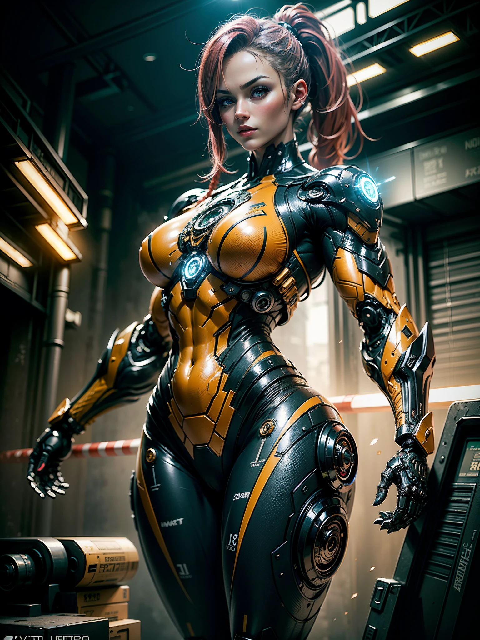 Cinematic, hyper-detailed, and insanely detailed, this artwork captures the essence of a bald hairless muscular female android girl. Beautiful color grading, enhancing the overall cinematic feel. Unreal Engine brings her anatomic cybernetic muscle suit to life, appearing even more mesmerizing. With the use of depth of field (DOF), every detail is focused and accentuated, drawing attention to her eyes and the intricate design of the anatomic cybernetic muscle suit . The image resolution is at its peak, utilizing super-resolution technology to ensure every pixel is perfect. Cinematic lighting enhances her aura, while anti-aliasing techniques like FXAA and TXAA keep the edges smooth and clean. Adding realism to the anatomic cybernetic muscle suit, RTX technology enables ray tracing. Additionally, SSAO (Screen Space Ambient Occlusion) gives depth and realism to the scene, the girl's anatomic cybernetic muscle suit become even more convincing. In the post-processing and post-production stages, tone mapping enhances the colors, creating a captivating visual experience. The integration of CGI (Computer-Generated Imagery) and VFX (Visual Effect brings out the anatomic cybernetic muscle suit's intricate features in a seamless manner. SFX (Sound Effects) complement the visual artistry, immersing the viewer further into this fantastic world. The level of detail is awe-inspiring, with intricate elements meticulously crafted, the artwork hyper maximalist and hyper-realistic. Volumetric effects add depth and dimension, and the photorealism is unparalleled. The image is rendered in 8K resolution, ensuring super-detailed visuals. The volumetric lightning adds a touch of magic, highlighting her beauty and the aura of her anatomic cybernetic muscle suit in an otherworldly way. High Dynamic Range (HDR) technology makes the colors pop, adding richness to the overall composition. Ultimately, this artwork presents an unreal portrayal of a super muscled cybernetic female android