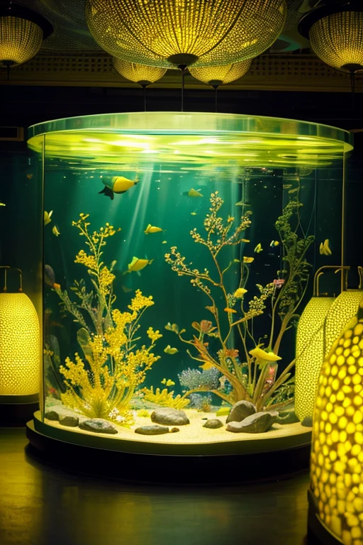 there is a fish tank in the middle of the room, a digital rendering, by Yayou Kusama, interactive art, lime and gold hue, mat collishaw, image credit nat geo, yellow lanterns