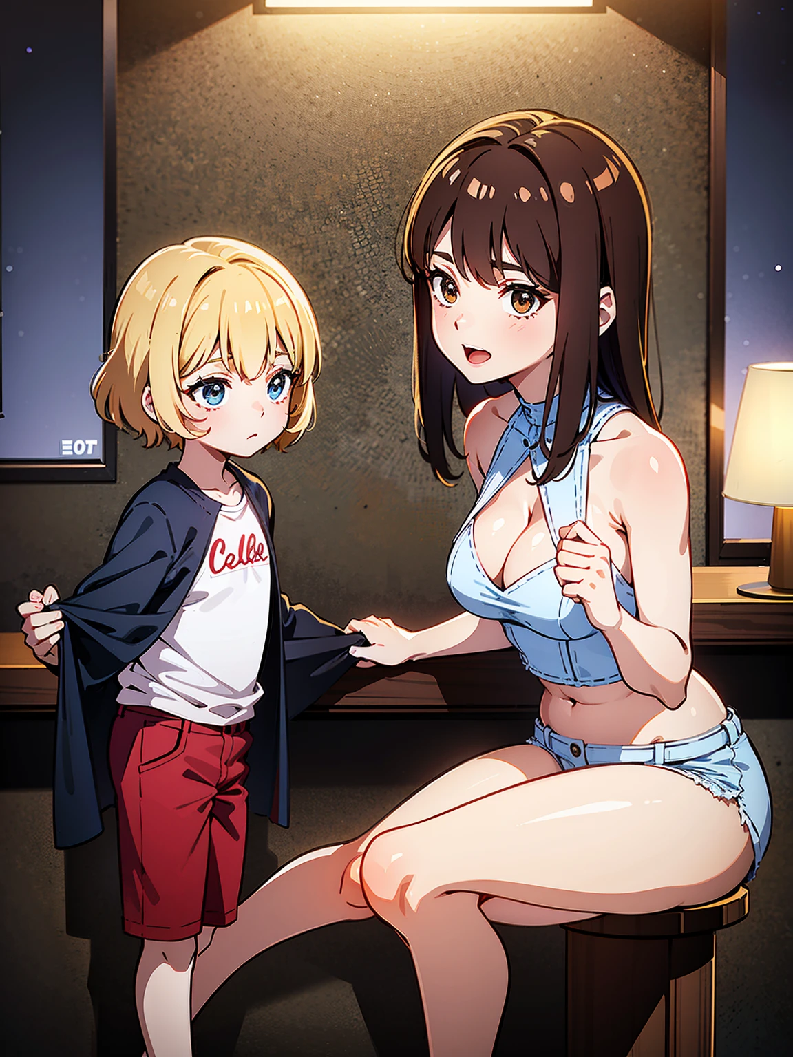 A mom seducing her young son, European 60 year old milfs with their young son with blonde and brown hair, best quality:1.4), (ultra highres:1.2), (8k, RAW photo:1.2), laurenalexis, 1girl, beautiful girls, the mom is showing off their curves, bending over seductively, wearing sexy outfits and short shorts, with their young son, clear eyes, a mom and her young son