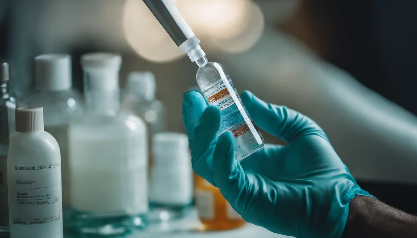An aesthetic wallpaper featuring a close-up of a doctor scientist’s hands, clad in protective gloves, carefully holding a syringe filled with a vaccine medicine dose, highlighting the importance of precision and accuracy in medical research.
