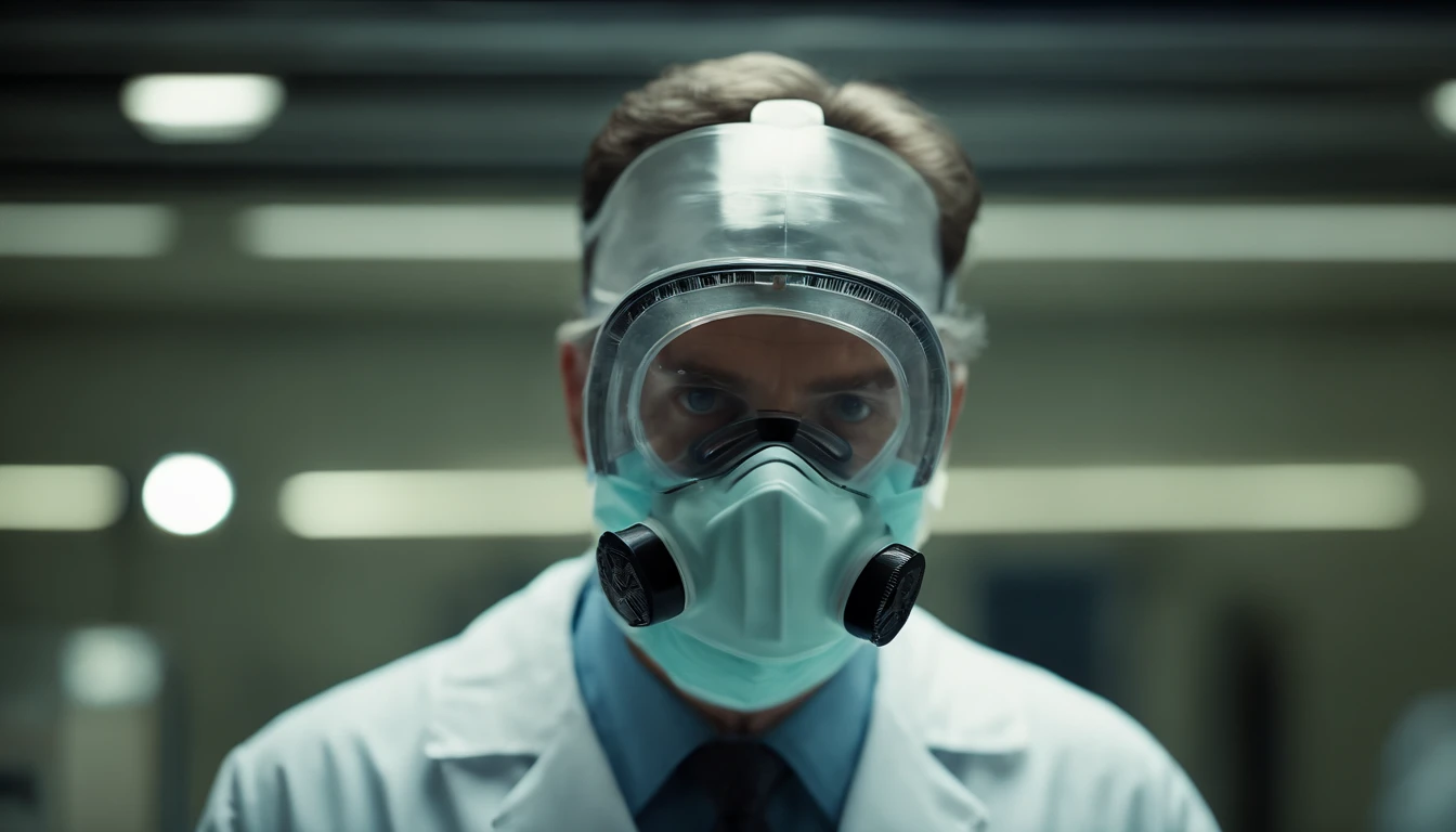 A detailed and realistic image capturing the doctor scientist’s face mask, emphasizing the attention to safety protocols and the commitment to protecting oneself and others in the pursuit of scientific breakthroughs.