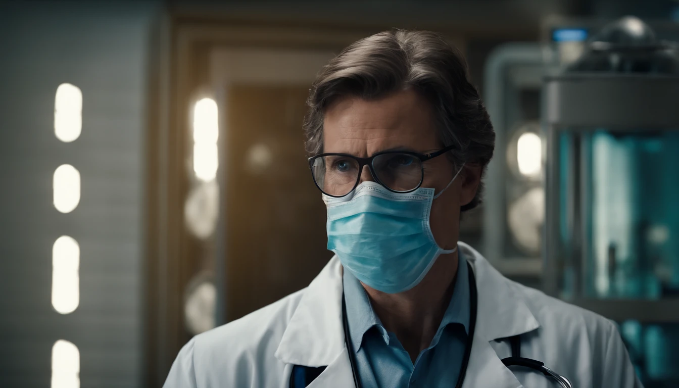 A detailed and realistic image capturing the doctor scientist’s face mask, emphasizing the attention to safety protocols and the commitment to protecting oneself and others in the pursuit of scientific breakthroughs.