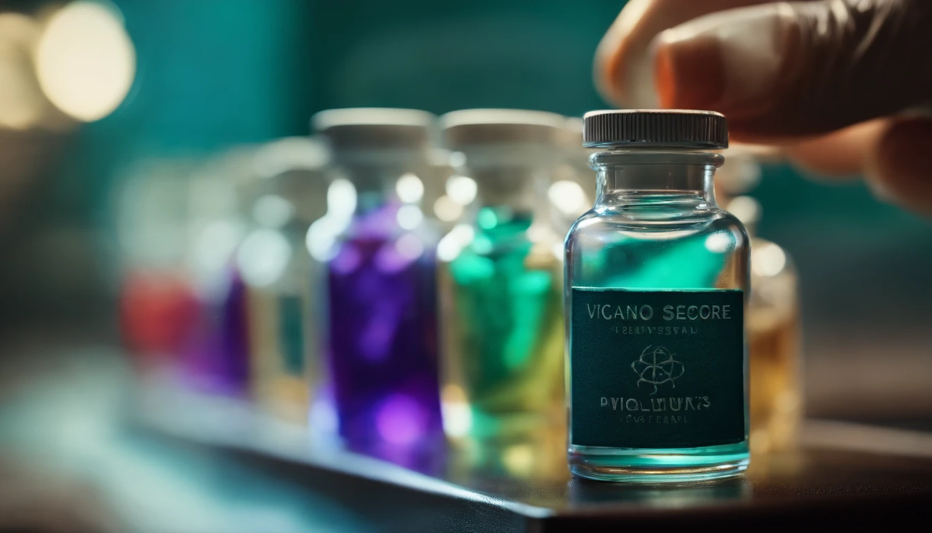 An artistic representation of the doctor scientist gently swirling the vaccine medicine dose in the vial, with vibrant colors and intricate details, conveying the scientific nature of their work.