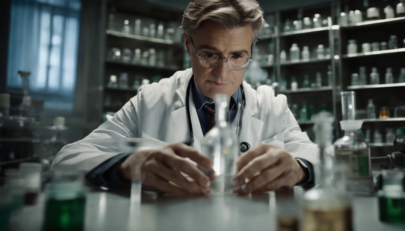 A high-resolution image showcasing the doctor scientist in a laboratory setting, surrounded by test tubes and equipment, with a vaccine medicine dose prominently featured in their hands, symbolizing the progress and hope brought about by medical research.