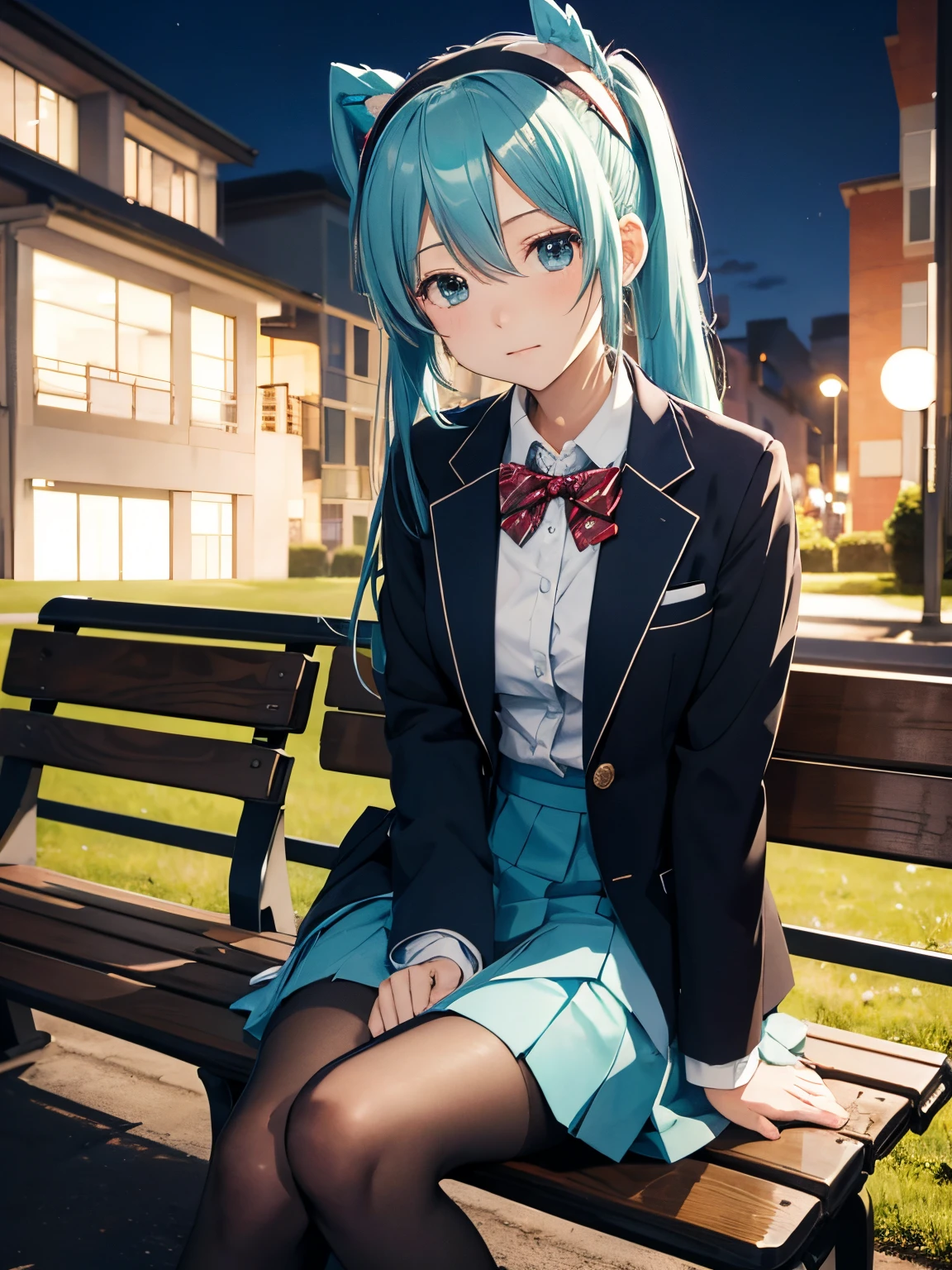 miku hatsune,masutepiece, Best Quality, hight resolution, white hairband, blue bowtie, Collared shirt, Blazer, Red jacket, Long sleeves, red and green checked skirt, Pleated skirt, Black socks, Sitting, Benches, crossed legs, Outdoors, Night, Serious,